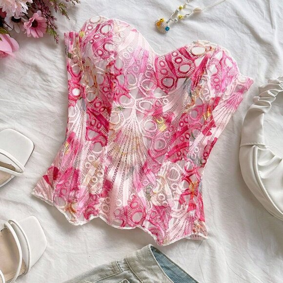 Pink Boho Women's Sexy Lace Bustier Top - Picture 4 of 6